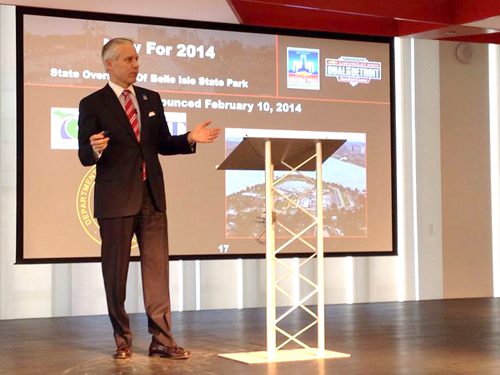 Penske Corp.'s Bud Denker spoke before the Adcraft Club of Detroit about the upcoming Chevrolet Detroit Belle Isle Grand Prix.