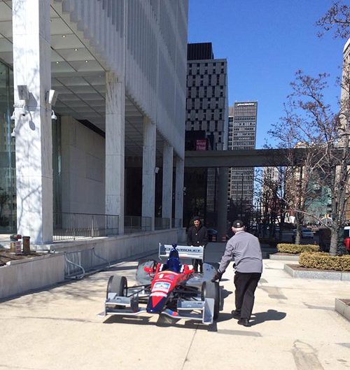 One of the Grand Prix races cars found a home outside of One Woodward in Detroit to publicize the Grand Prix.