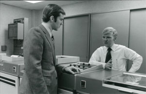 Ben Maibach III using Barton Malow’s NCR Computer System, 1970.