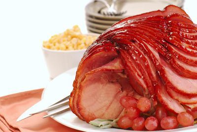 Freshly baked Easter spiral cut ham with honey brown sugar glaze