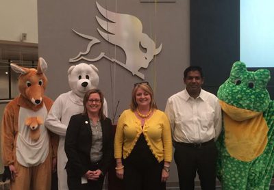 Meritor hosted a “Zoobilee” event to raise funds and encourage employees to walk in the NKFM Detroit Zoo Walk on May 17. Pictured here with costumed zoo animals are (from left) Bridget Kravchenko, director, Information Security for Meritor; Lisa Schutz Jelic, director of Development, National Kidney Foundation of Michigan; and Chris Villavarayan, president, Americas for Meritor and co-chair of the NKFM Detroit Zoo Walk. Meritor’s contribution to NKFM to date is more than $41,000 and 170 employees are scheduled for the Zoo walk.
