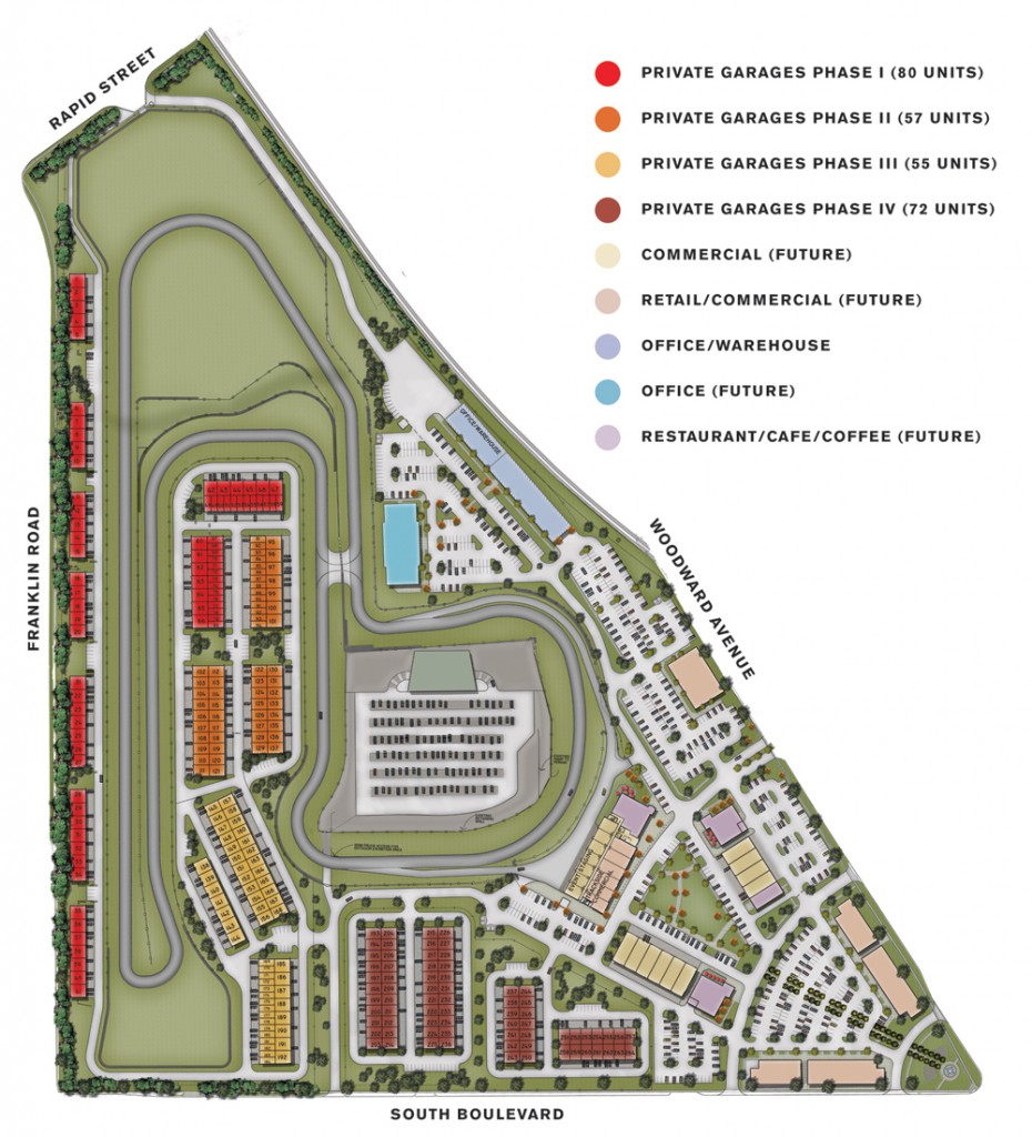 An artist’s rendering of M1 Concourse in Pantiac shows how a planned performance track fits nicely into the overall scheme of the “car condo” concept, a first for Metro Detroit.