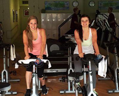 Grizzly Peak employees Katy Bachleda and McKenzie Powers taking advantage of VIE Fitness's classes.
