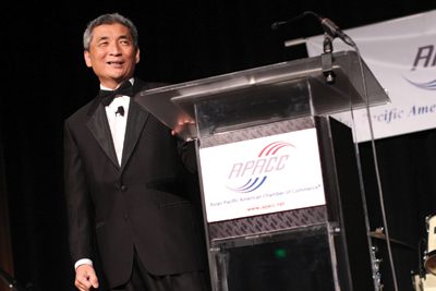 Bill Amada of IW Group was keynote speaker at a recent Asian Pacific American Chamber of Commerce event. Photo by Rosh Sillars.