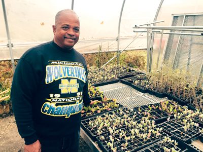 Billie Hebron manages Oakland Avenue Community Garden in Detroit. They work on 15-20 city lots and, among many activities, host a farmers market, have a commercial kitchen and sell their produce to workers at Chrysler plants.