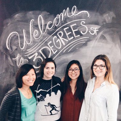 From left, Alison Lee, Megan King, Anna Kittitanaphan and Willa Howe gather for a companywide office space photo contest