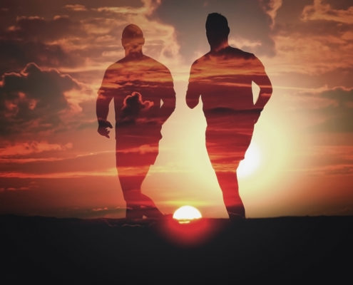 Men Running at Sunset - Double Exposure Effect