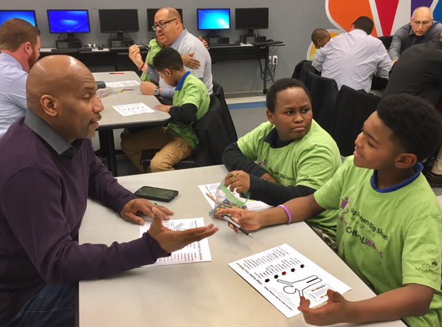 Comcast mentor Mike Johnson discusses how to handle school stress with his mentees McIntyre Elementary students Brandon and Semaj. These students are part of the Big Brothers Big Sisters of Metropolitan Detroit’s Beyond School Walls program.
