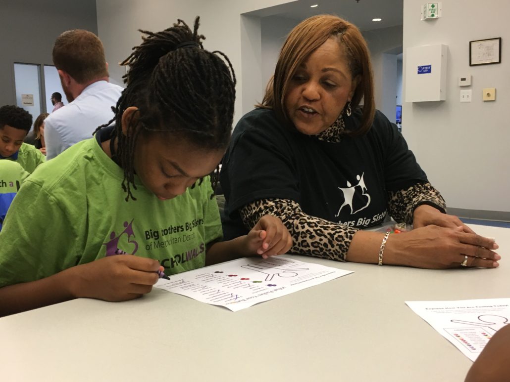 Comcast mentor Evylon Hubbard assists her mentee, McIntyre Elementary student Rylee, with a Beyond School Walls program worksheet. Comcast Mentors and BBBS of Metropolitan Detroit mentees met today to celebrate National Mentoring Month at Comcast’s field operations office in Southfield.