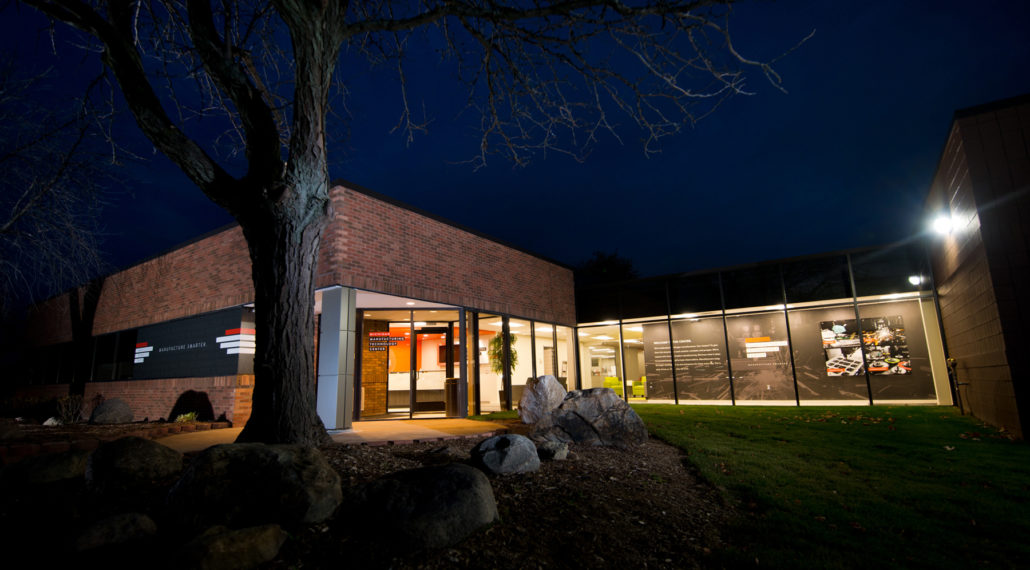 Entrance to the Michigan Manufacturing Technology Center with mural at right