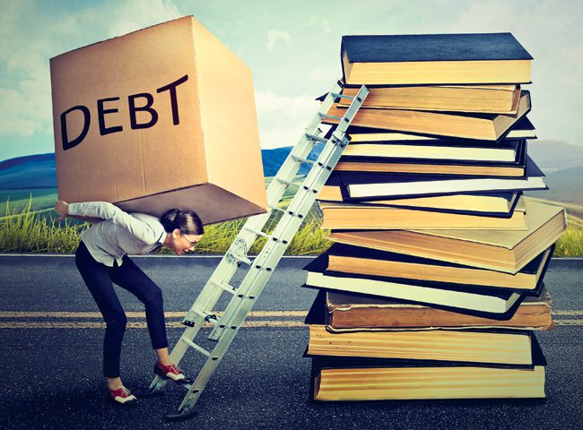 Student loan debt concept. Woman with heavy box