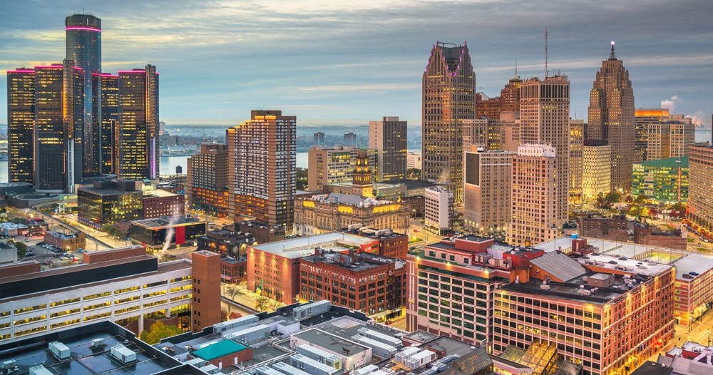 Detroit, Michigan, USA downtown skyline from above
