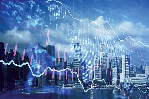 Forex chart on cityscape with skyscrapers wallpaper multi exposure. Financial research concept.